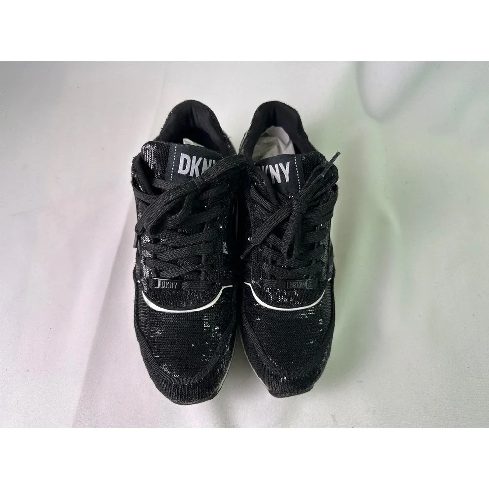 DKNY Women's Size 7.5 M Black Sequin Lace Up Sneakers Fashion Sparkle Athleisure